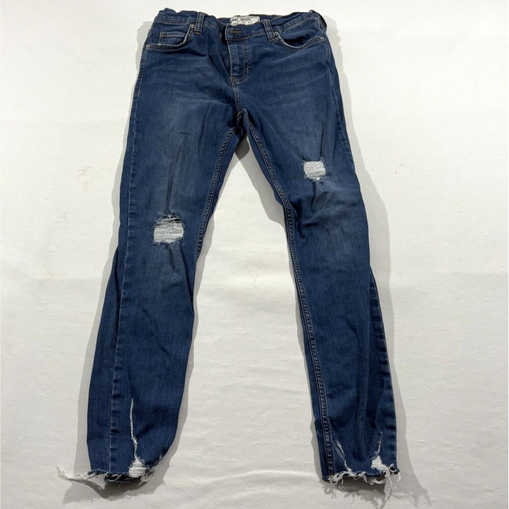 Free People Skinny Fit Jeans Mid Rise Stretch Crop Distressed Denim Blue Sz 28